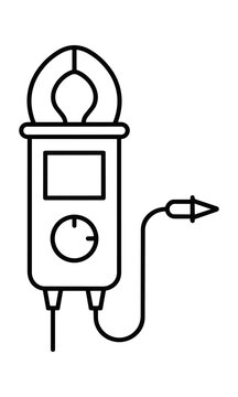 Minimalist digital clamp meter icon with a square screen and round dial connected to electrical test probes in a clean monoline style electrical testing concept