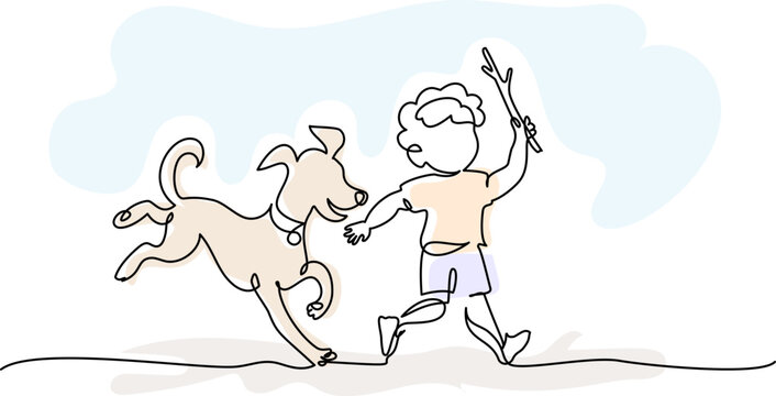 Little Boy run with big dog. Continuous one line drawing.