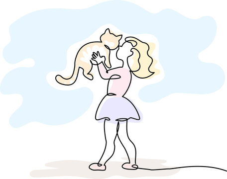 Little girl hugging cat. Continuous One line drawing.