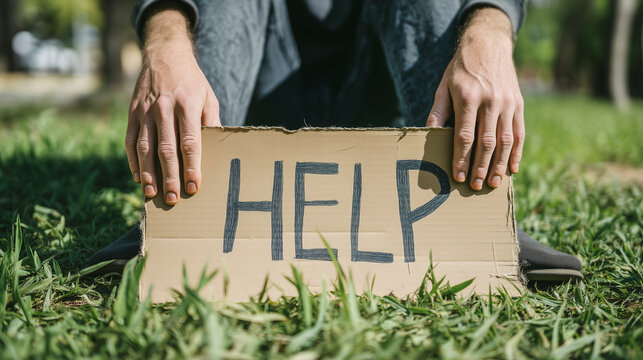 Homeless man sitting on grass with cardboard help sign, close-up of open hands asking for support, realistic social issue scene, natural outdoor light, poverty, housing crisis, une