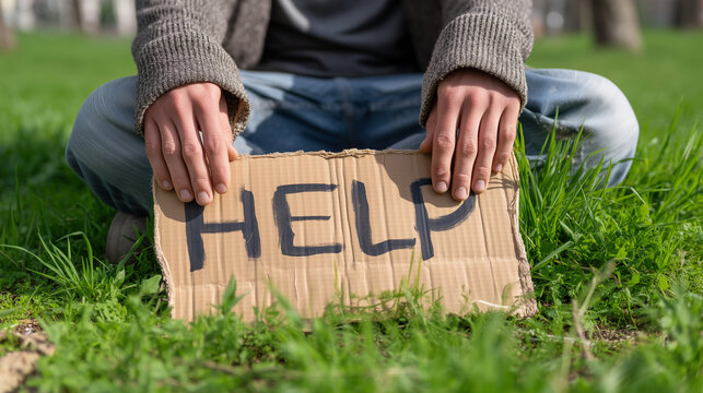 Homeless man sitting on grass with cardboard help sign, close-up of open hands asking for support, realistic social issue scene, natural outdoor light, poverty, housing crisis, une