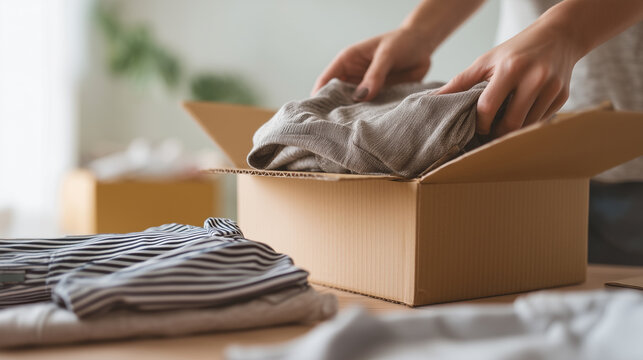 Hands packing clothes into cardboard donation box at home, charity clothing drive, decluttering wardrobe, sustainable reuse, textile recycling, nonprofit giving, community support