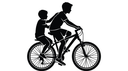 Fototapeta premium Minimalist black vector illustration featuring two young boys riding together on a single mountain bicycle frame