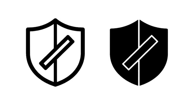 Minimal black silhouette icon, simple flat vector, bold black shape, no, no shading shield icon with a diagonal slash line, security disabled or protection off on a, flat icon style