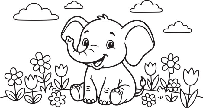 Cute baby elephant with flowers coloring page for kids and toddlers printable activity