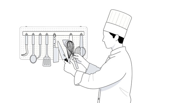 Chef Sharpening Kitchen Knife with Whetstone, Cooking Utensils on Pegboard
