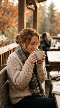 Autumnal Bliss: A woman with auburn hair, wrapped in a cozy sweater and plaid scarf, savors a warm beverage on a wooden porch amidst the vibrant hues of fall foliage.