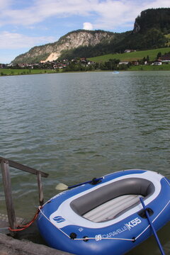 Inflatable boat at a picturesque mountain lake in Tyrol, Austria. June 16, 2026.