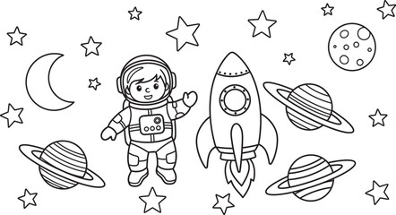 Naklejka premium Space exploration coloring page astronaut rocket planets moon and stars for kids and adults