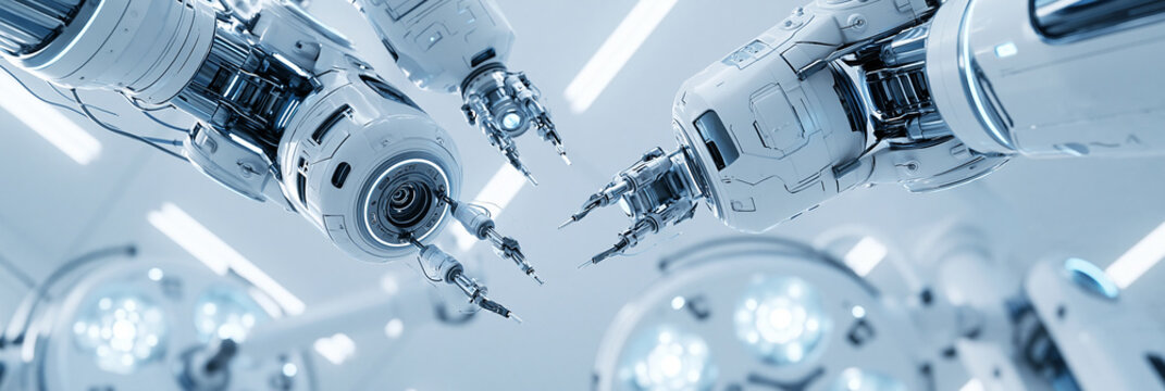 Futuristic robotic arms in a high-tech environment showcasing intricate design.