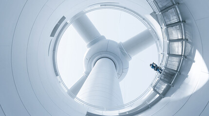Fototapeta premium An aerial view of a technician inside a wind turbine, showcasing industrial innovation.