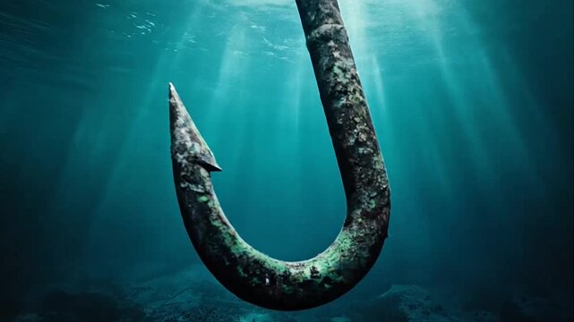 Single rusty metal fishing hook hanging from a chain deep underwater with rays of light.