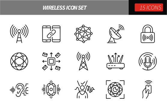 Wireless outline icon set featuring antenna, smartphone, satellite dish and radio tower for telecom services and 5G technologies