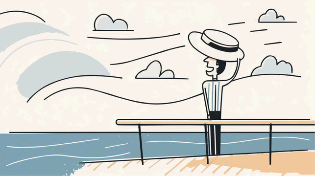 Woman in a straw hat enjoying a breezy day by the ocean feeling the cool wind and warm sun on her face