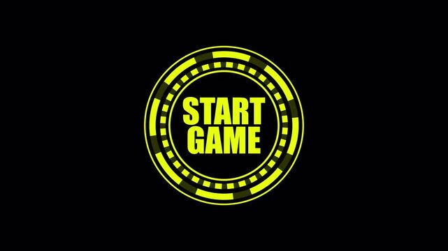 Yellow start game circular badge on black, useful for gaming intros, arcade opening screens, and energetic animated start prompt graphics.