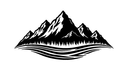 Fototapeta premium Minimal black silhouette icon, simple flat vector, bold black shape, no, no shading mountain landscape with forest and river silhouette vector illustration on a, flat icon style