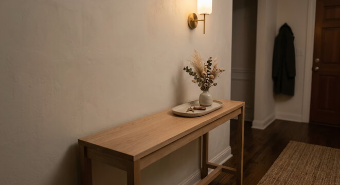 Modern entryway console table with keys and a wall sconce in a bright home interior.