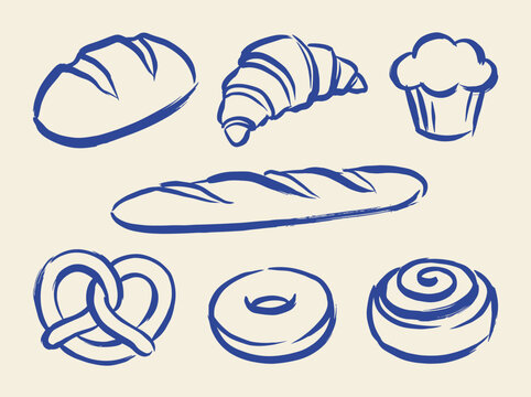 Bakery bread pastry doodle vector set with loaf croissant muffin baguette pretzel and blue line art