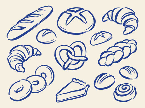 Bakery bread and pastry doodle vector set with croissants pretzel baguette and sweet rolls