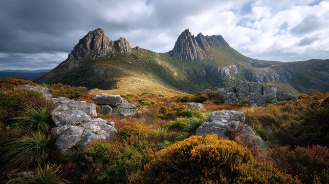 Dramatic quartzite peaks rise above alpine heath in Tasmanian wilderness