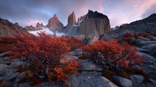 Windbent lenga beech trees in foreground with granite towers at sunset