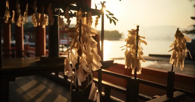 Silhouetted Omikuji Fortune Papers Hanging at Japanese Shrine At Sunrise - Steady Cam Movement