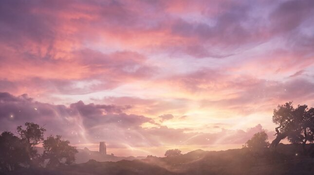 Majestic sunset landscape featuring a vibrant pink and purple sky filled with soft glowing clouds above a distant stone tower silhouette and ancient gnarled trees standing on a rolling horizon line du
