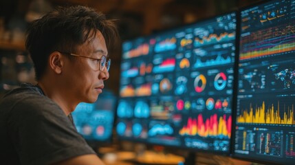 Fototapeta premium Asian male tech expert collaborating with a team, analyzing sales predictions and SEO insights on charts and graphs using AI and big data tools, working in a business intelligence office environment.