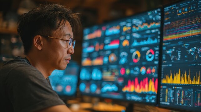 Asian male tech expert collaborating with a team, analyzing sales predictions and SEO insights on charts and graphs using AI and big data tools, working in a business intelligence office environment.