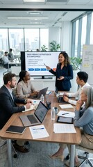 Fototapeta premium Business Meeting Presentation: A diverse group of professionals attentively listens to a female presenter detailing strategies and compliance at a modern office conference table.