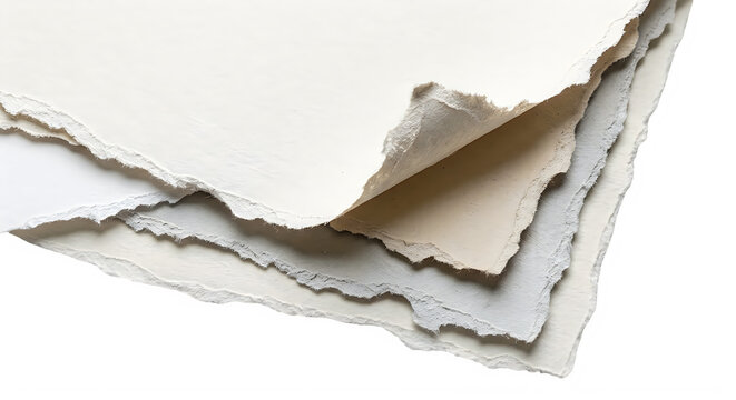 Stack of several sheets of torn paper with rough edges and textured surface layers for artistic craft projects and creative design backgrounds or stationery templates used for scrapbooking or letters