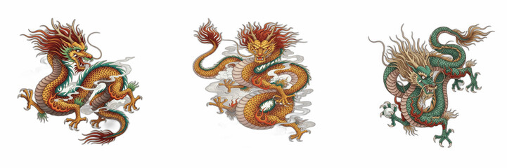 Fototapeta premium Chinese Dragon PNG Transparent Clipart Set: Three Isolated Detailed Traditional Eastern Mythological Dragons with Serpentine Bodies, Horns, and Whiskers for Lunar New Year Graphics, Fantasy Art, and T
