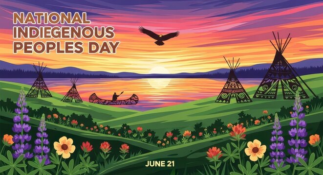 Indigenous people celebrating sunset by lake with tepees