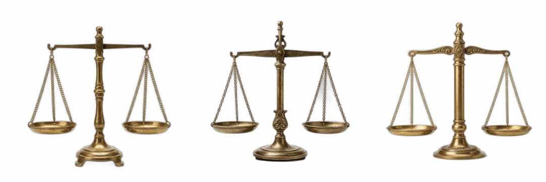 Scales of Justice PNG Transparent Clipart Set: Three Isolated Brass Law Scale Icons for Attorney Websites, Courtroom Graphics, Legal Advising Presentation, Balance Concept, and Constitutional Law Docu