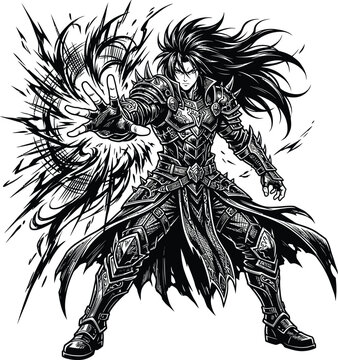 Armored warrior illustration black and white dynamic linework with flowing hair