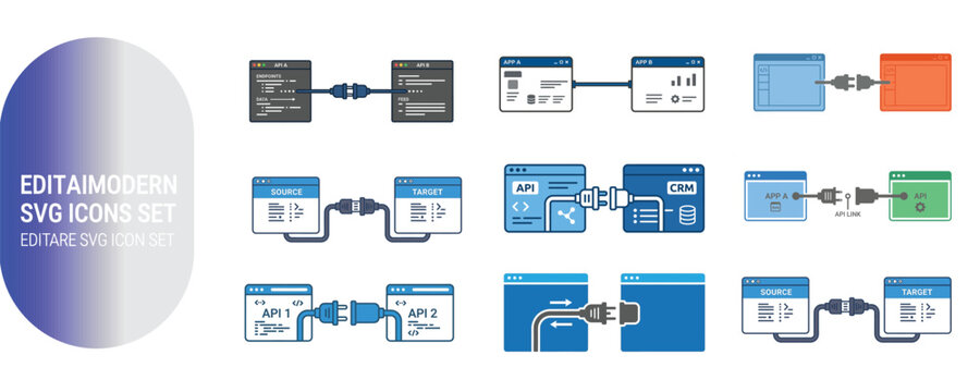 Api integration flow icons set data exchange application connectivity and system architecture