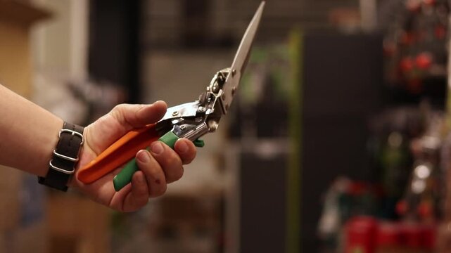 Hand holding professional garden pruner on blurred background of store. Selection of garden tools in a specialty store. Close-up of garden shears with metal blades and colored handles. Garden tool