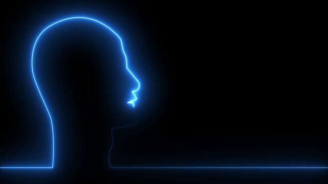 Abstract blue neon outline of a human head profile on a dark background, representing thought and consciousness.human head outline  animation video for AI ,intelligent, innovation,technology.