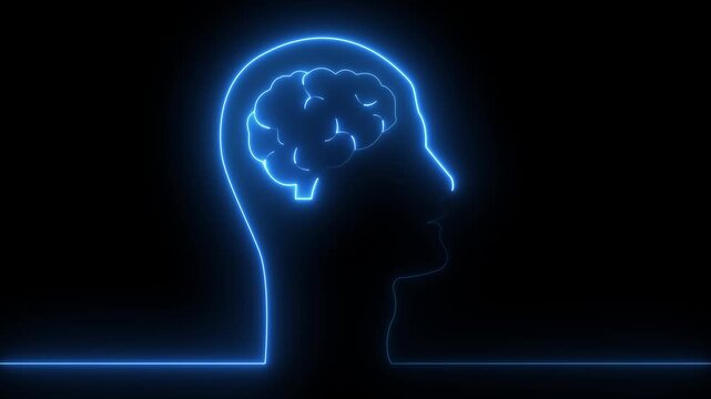  abstract  human brain and head icon  animation video on black background, man intelligent power concept video .,Glowing Blue Neon Outline of Human Head with Brain Activity on Black Background