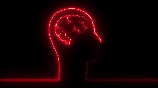  abstract  human brain and head icon  animation video on black background, man intelligent power concept video . Glowing Red Neon Outline of Human Head and Brain on Black Background, 