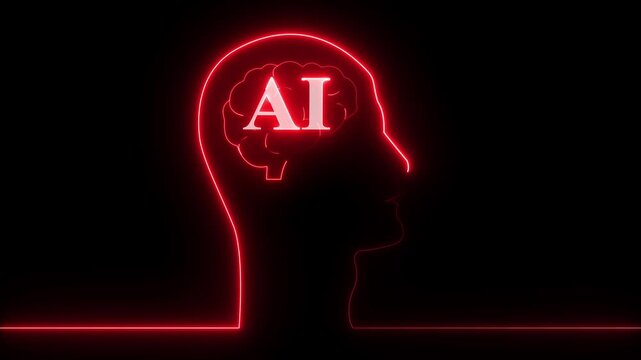 Glowing AI Brain Silhouette in Human Head Outline with Red Neon Lights,Ai brain interface in neon line motion,  human brain and ai brain glowing neon outline .