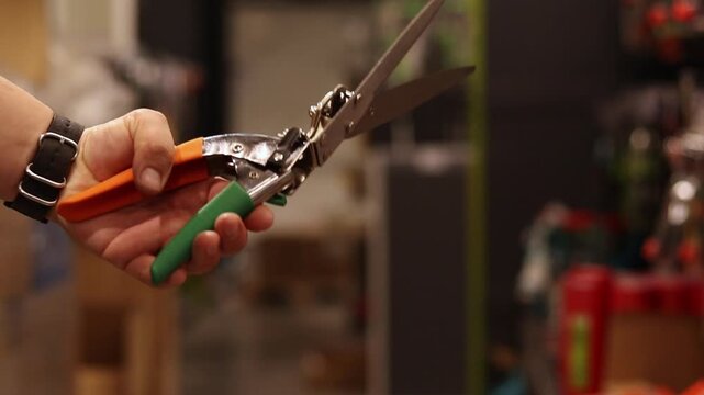 Hand holding professional garden pruner on blurred background of store. Selection of garden tools in a specialty store. Close-up of garden shears with metal blades and colored handles. Garden tool