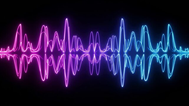 Abstract neon sound wave equalizer background with glowing pink and blue light lines reflecting on a dark surface 4k video