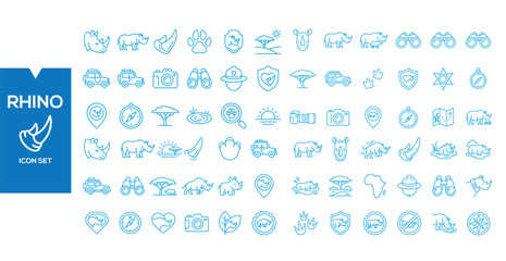 Rhino Icon Set: A comprehensive collection of line art icons featuring rhinos, safari elements, and related adventure symbols, perfect for graphic design and branding. © Afrojaart