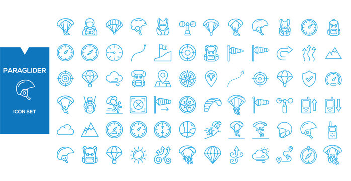 Paragliding Icon Set: A comprehensive collection of outline icons representing various aspects of paragliding, including equipment, weather, and action. Perfect for websites, apps.