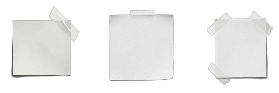 Set of Blank White Sticky Notes Taped to White Background - Empty Paper Sheets with Adhesive Tape for Messages, Memos, and Office Organization - Professional High-Quality PNG Stock Image