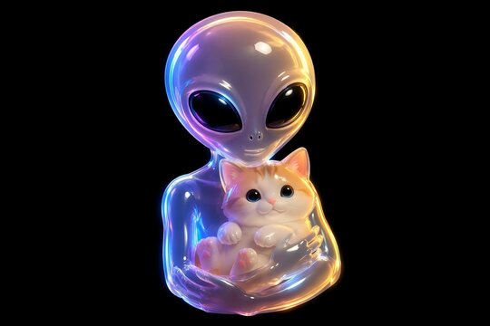 Cute alien holding a small cat in a glowing 3D render