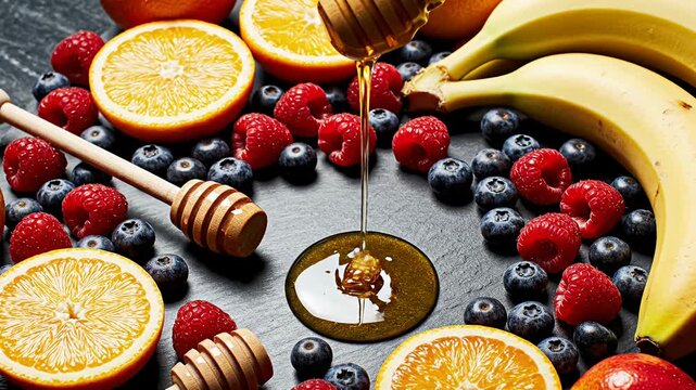 Fresh fruits with honey drizzling from wooden dipper.