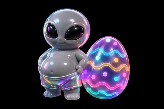 Cute alien figurine with colorful Easter egg on black background