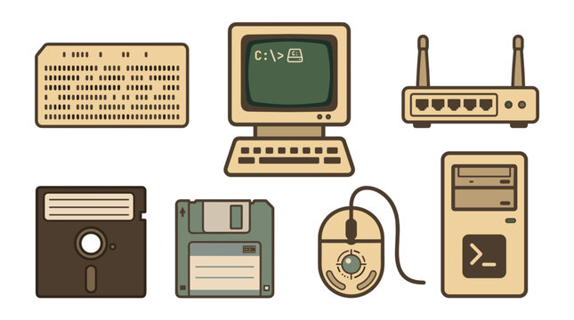 A collection of retro computing devices and peripherals, including a monitor, keyboard, floppy disks, and a punch card.